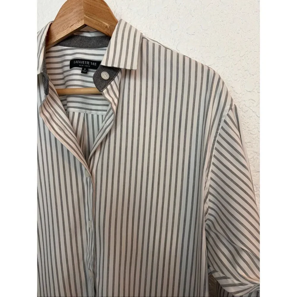 Lafayette 148 New York Helen Striped Button-Down Shirt White, Gray Size S - Picture 6 of 12